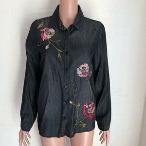 Kensie Black Denim Floral Embroidered Button Down Shirt Size S